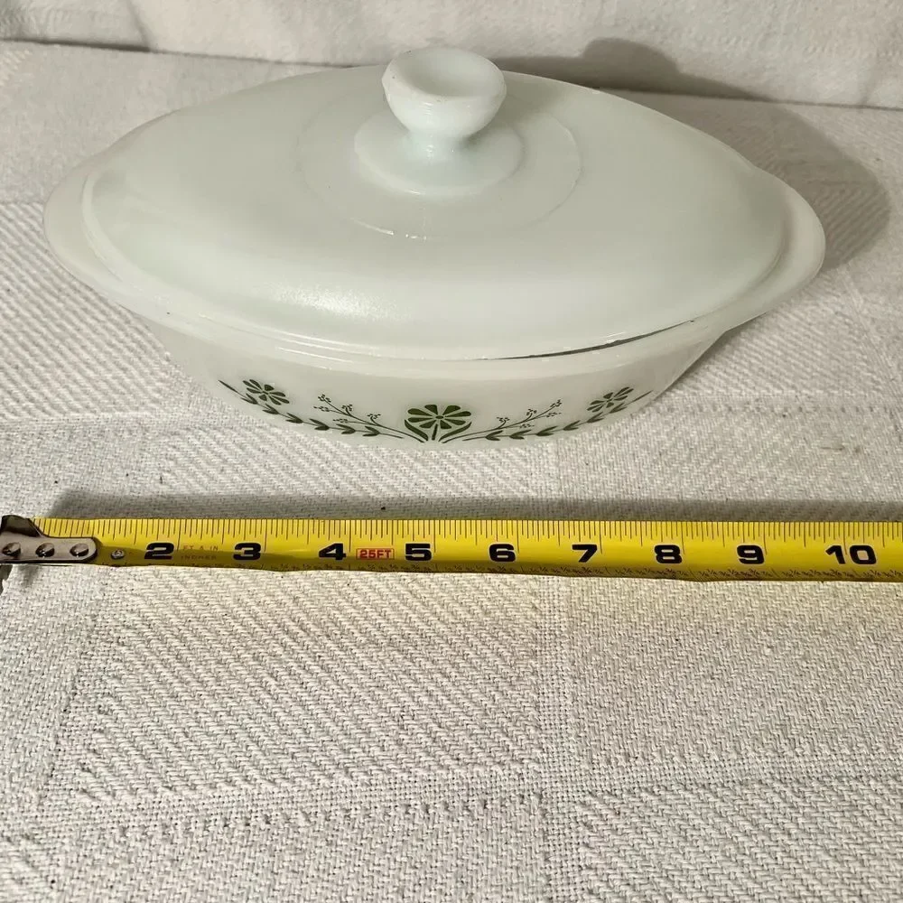 Vintage Glasbake Casserole Dish J235 1 QT Green Daisy Milk Glass Lid.